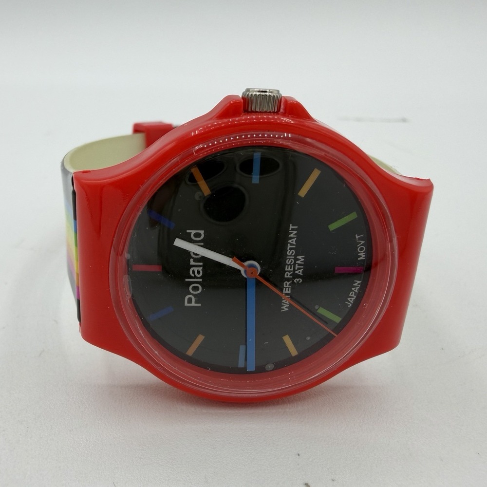 Vintage Polaroid Rainbow Stripe Red Jelly Watch Japan Mov't Quartz Wristwatch